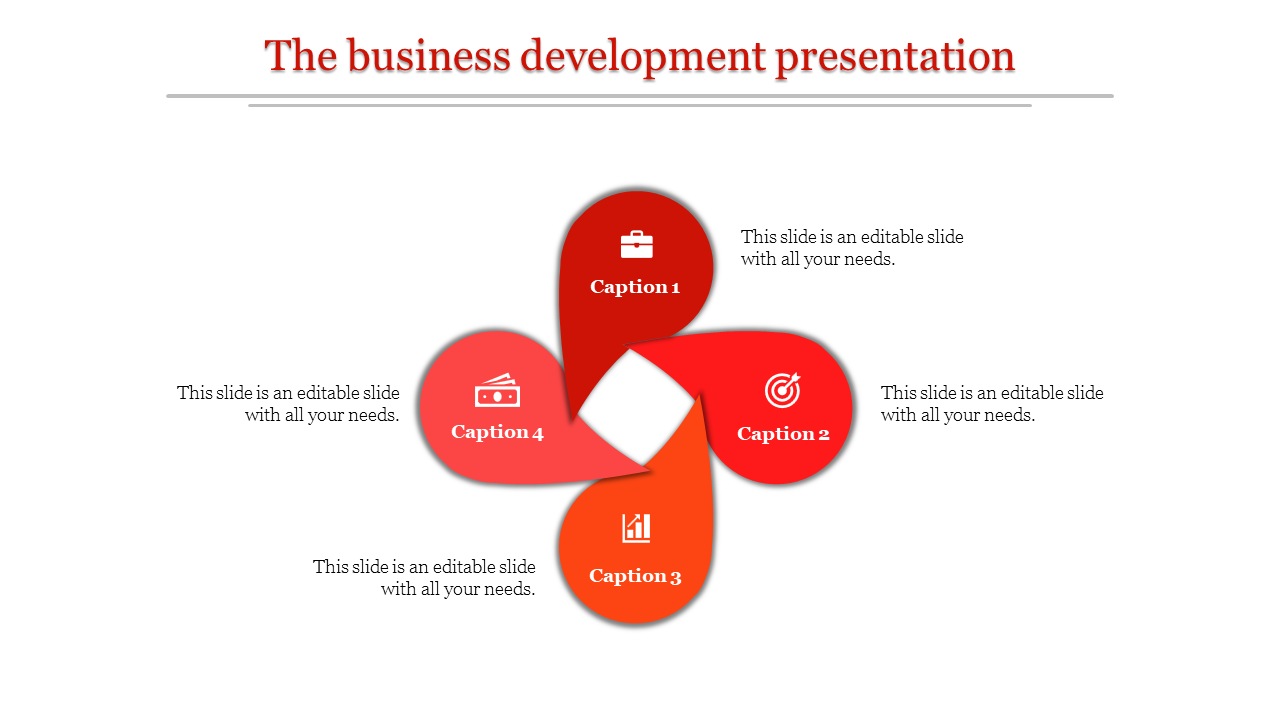 A vibrant business development slide featuring four sections with icons representing different business concepts.