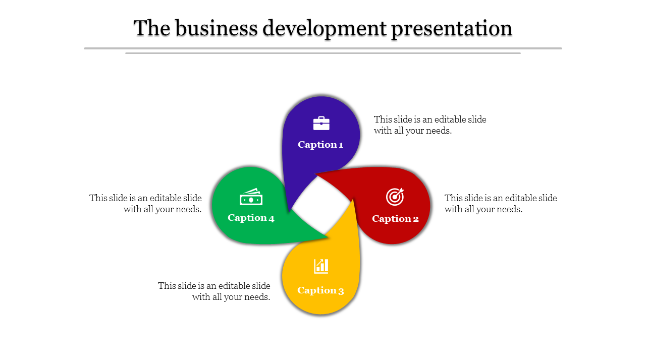 Circular layout with colorful segments and captions for business-related elements like strategy, growth, and budgeting.