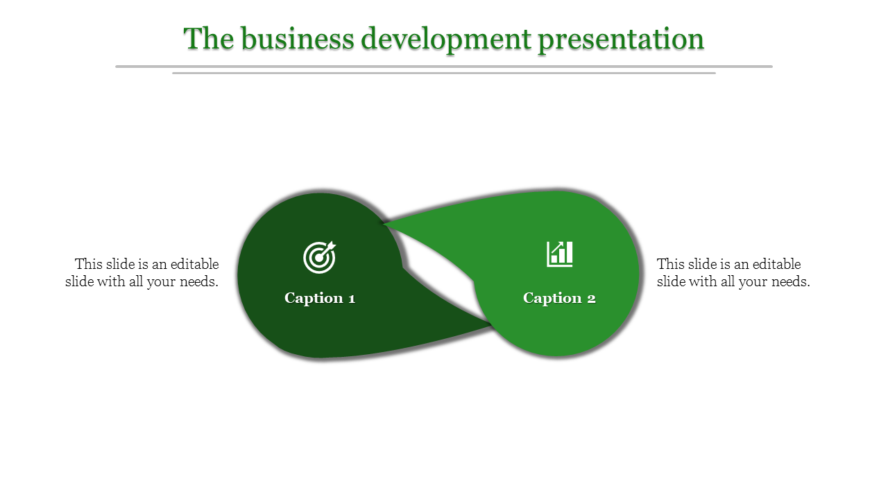 Two overlapping teardrop shapes in dark and light green with icons and captions on a clean white background.