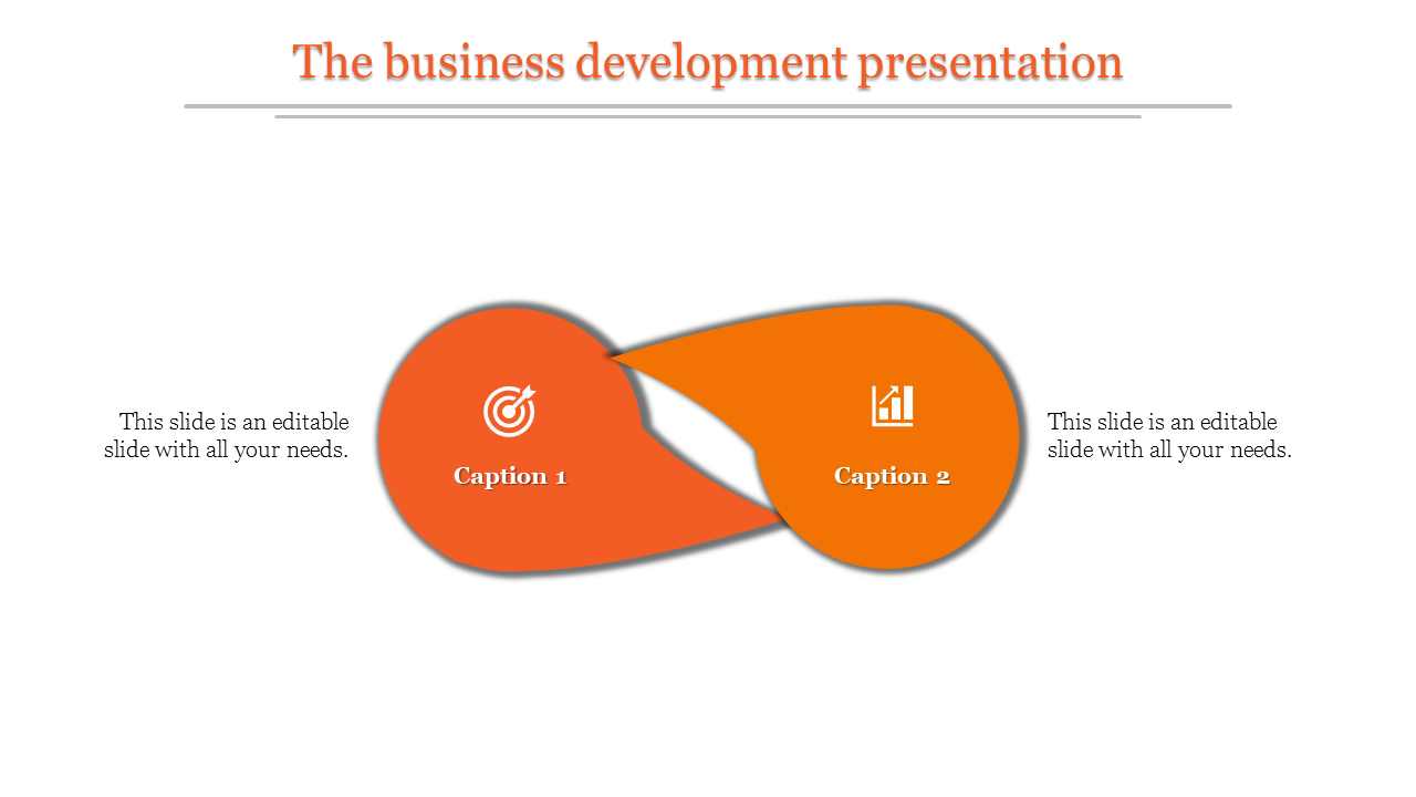 Two connected orange teardrop elements with icons for business goals and growth analytics, symbolizing collaboration.