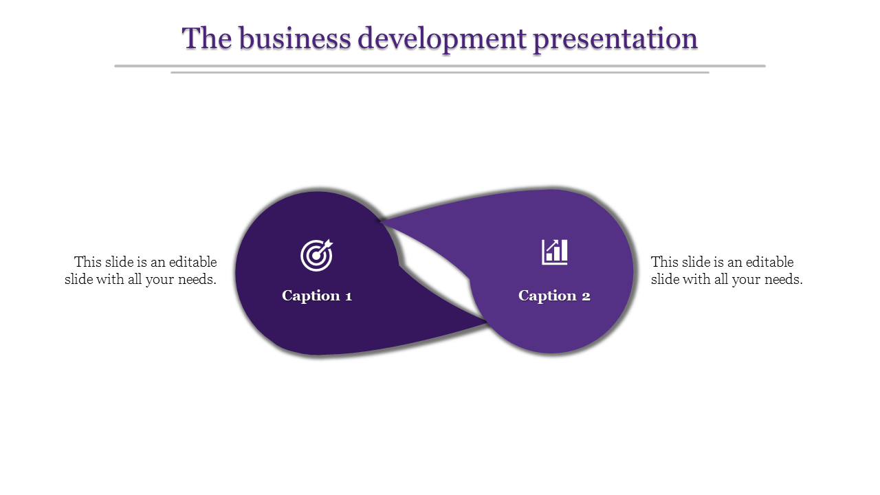 A business development PowerPoint slide with two interconnected purple ovals containing icons and captions.