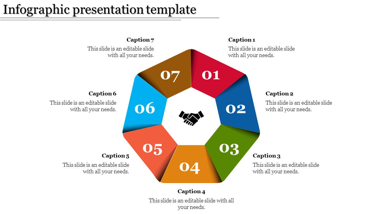 Infographic with seven multicolored segments arranged in a hexagonal shape around a handshake icon.