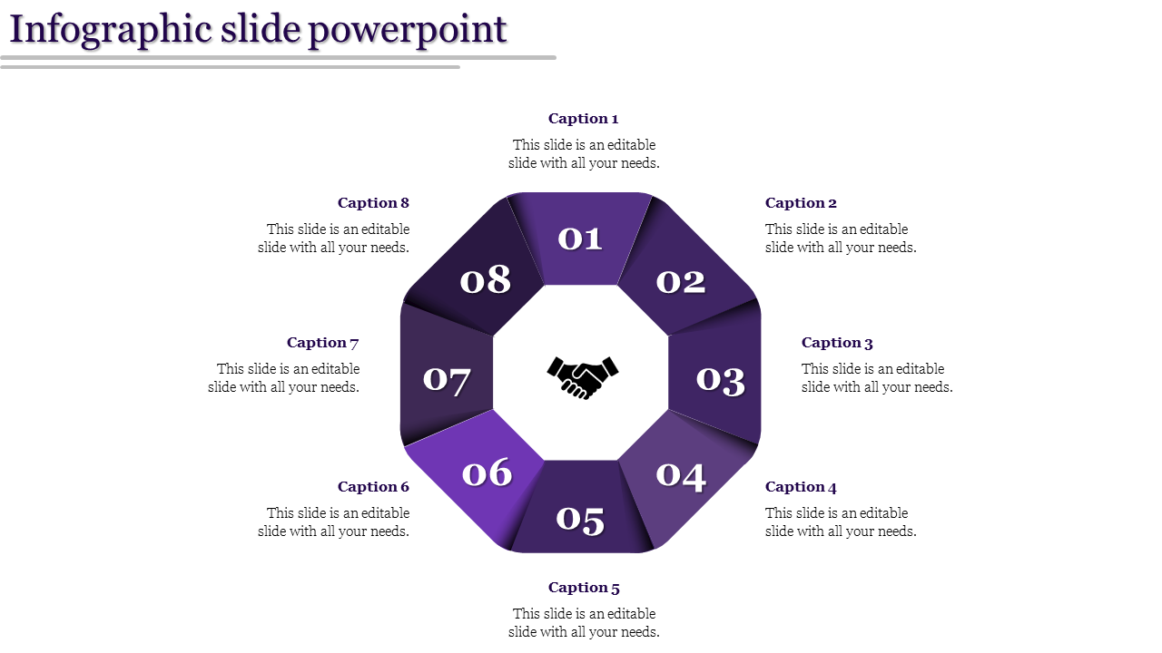 Octagonal infographic in varying purple tones, numbered 01 to 08, surrounding a central handshake icon.
