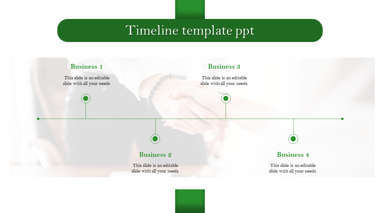 Green themed timeline PowerPoint template highlighting four business milestones on a horizontal timeline layout.