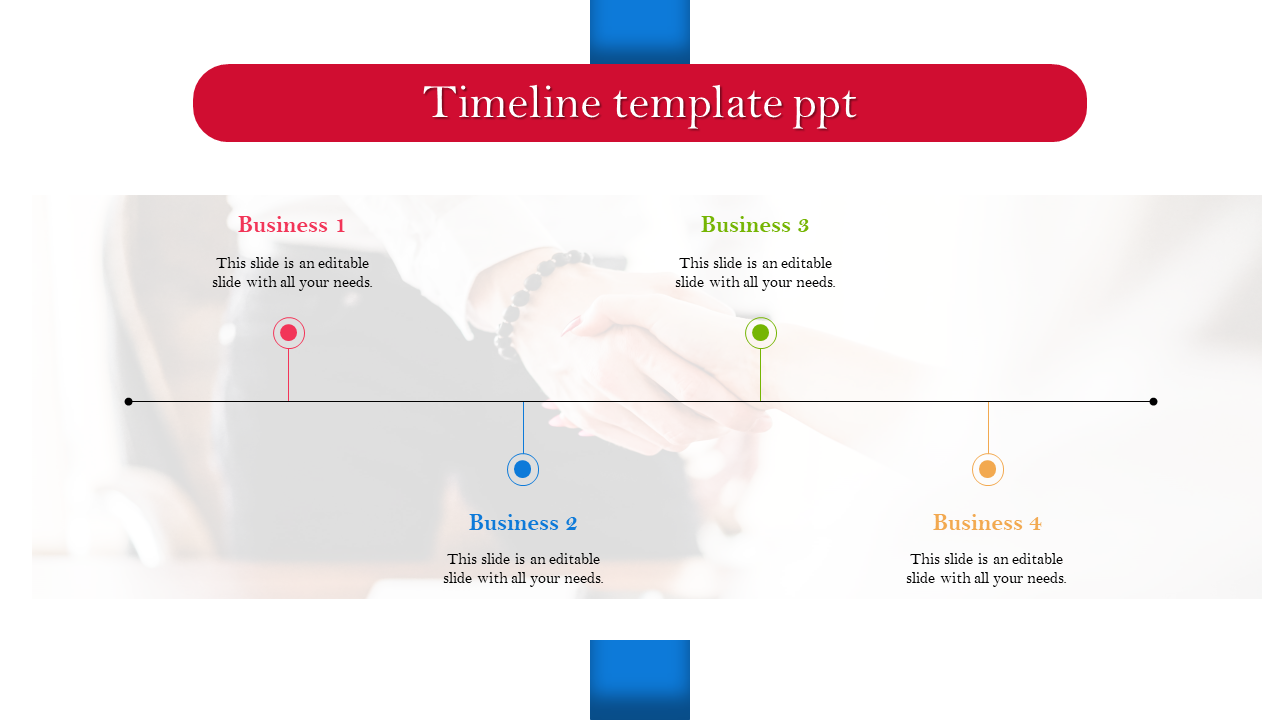 Horizontal timeline featuring four colored points in red, blue, green, and orange, each labeled with corresponding captions.