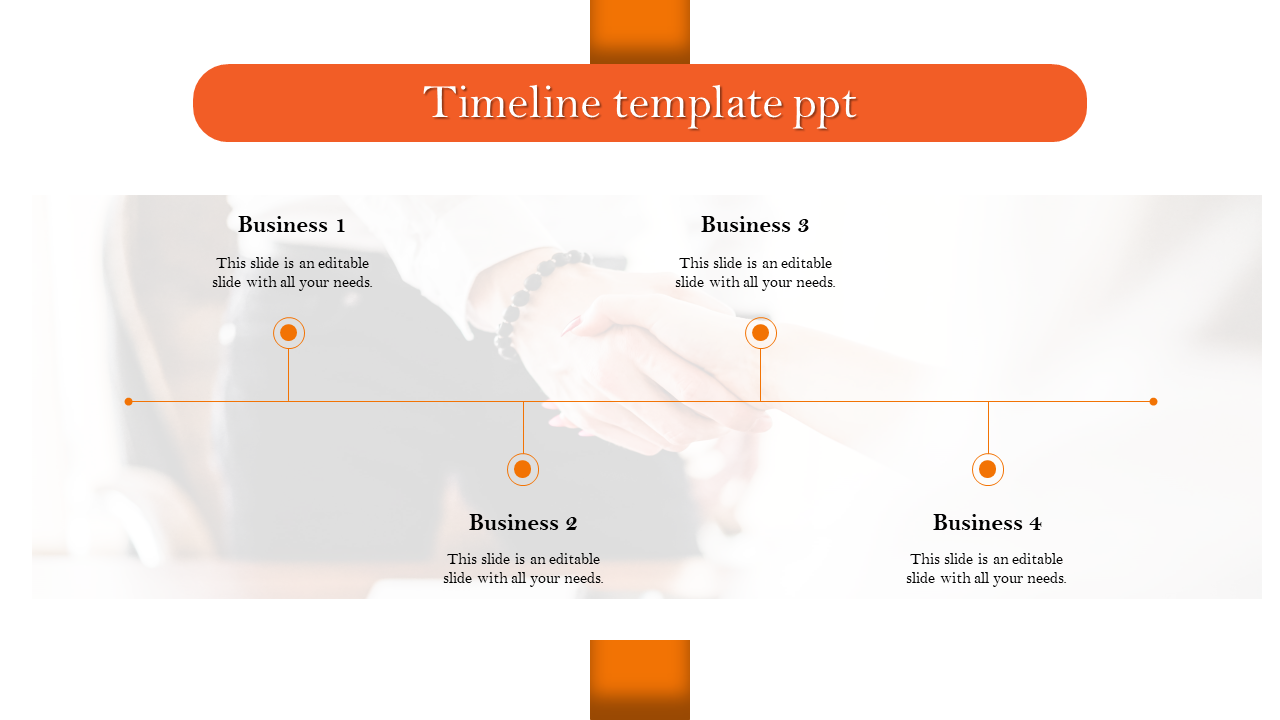 Orange themed timeline PowerPoint template featuring four business milestones connected to a horizontal timeline.