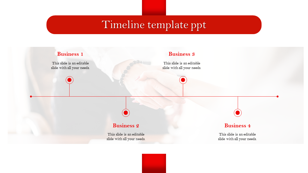 Minimalistic timeline design with red nodes and labels for four business stages, placed on a handshake background.