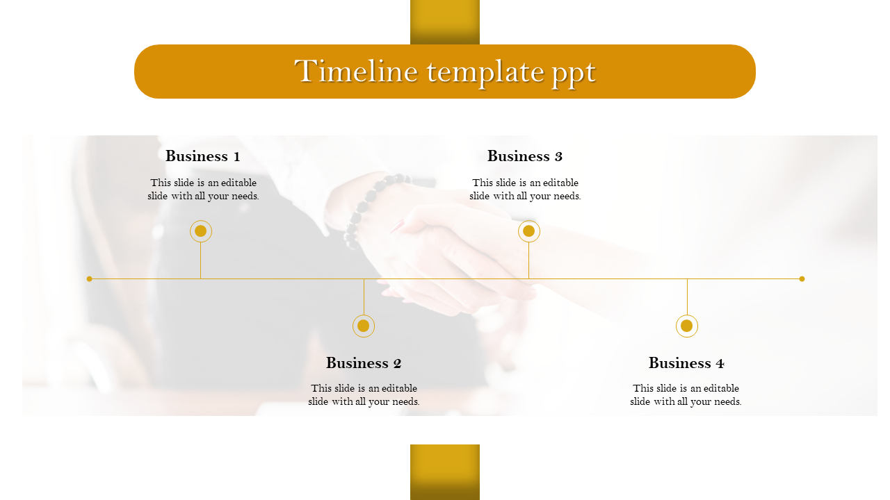 Gold themed timeline PPT slide with four milestones labeled for different business stages, connected to a horizontal line.