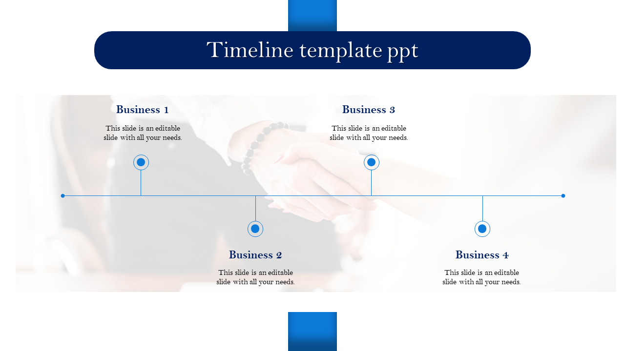 Four step blue timeline design, showcasing circular points along a horizontal line with detailed text for each phase.