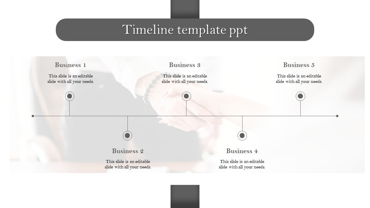 Gray themed timeline PowerPoint template with five business milestones evenly spaced on a horizontal line.