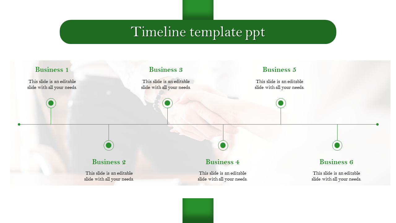 Green themed timeline template displaying six business milestones with brief descriptions and circular markers.