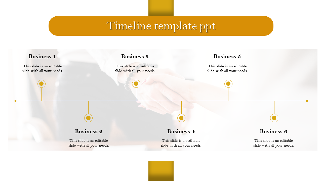Timeline PowerPoint template with six business milestones, a golden color scheme, and a handshake background.