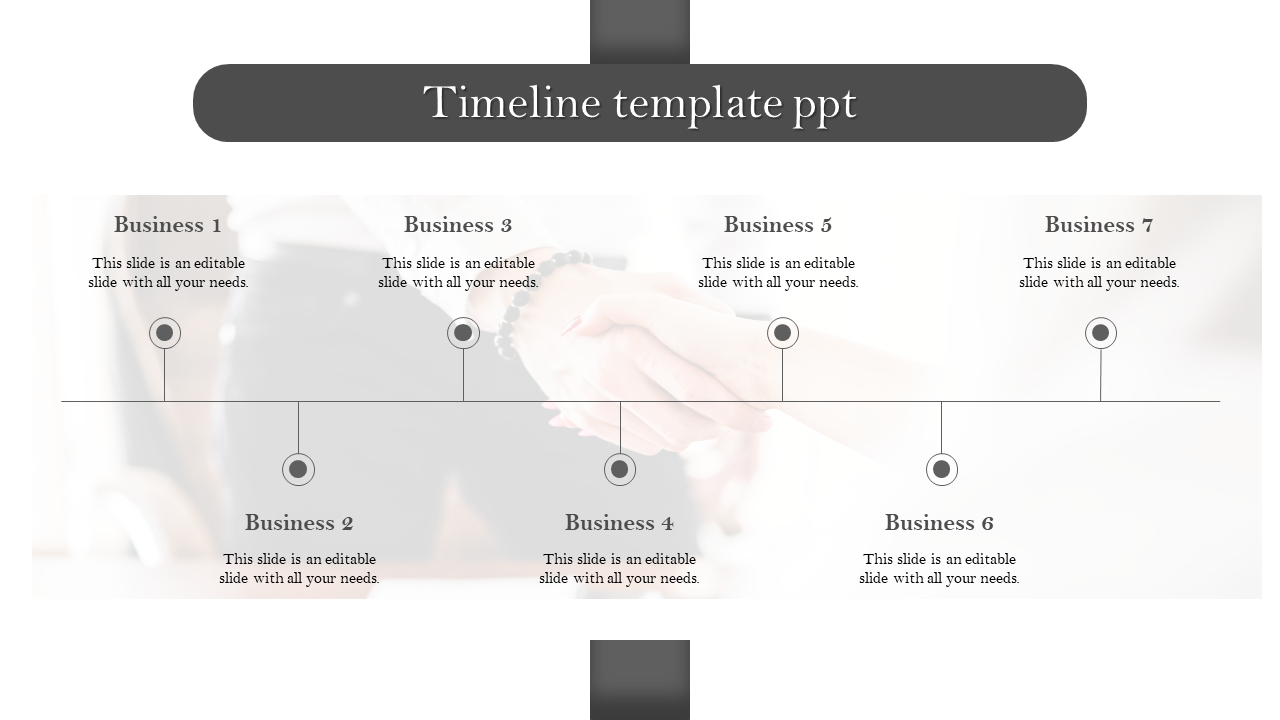 Gray themed timeline PPT slide with seven milestones labeled for different business events, connected to a horizontal line.