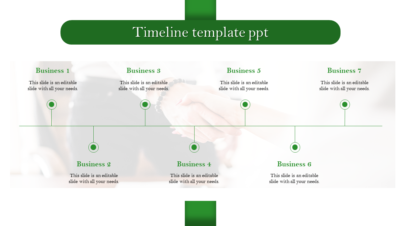 Green themed timeline template with seven milestones, labeled 1 to 7, connected by a horizontal line.