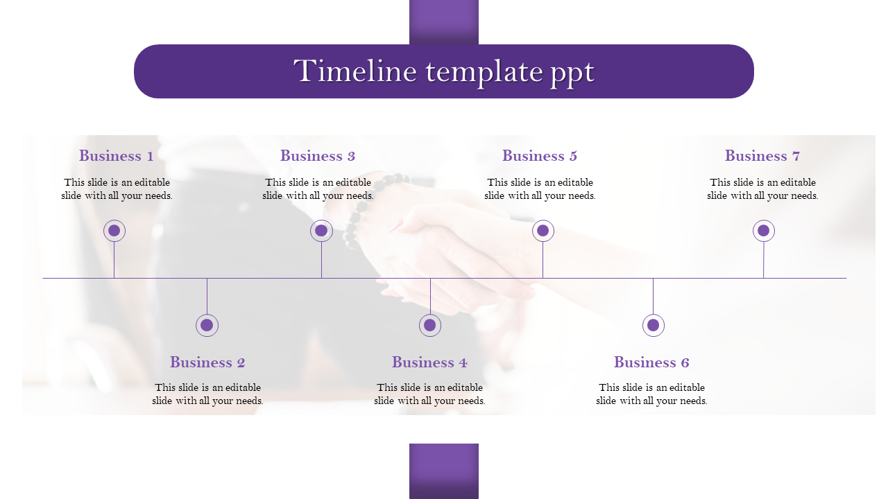 Purple themed timeline PowerPoint template with milestones for seven businesses, evenly spaced along a horizontal timeline.