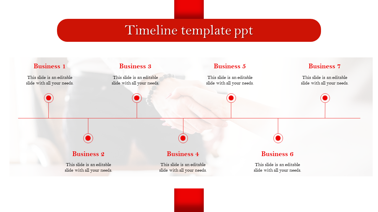 Horizontal timeline slide featuring seven red circular nodes, each with a label and descriptive caption for business phases.