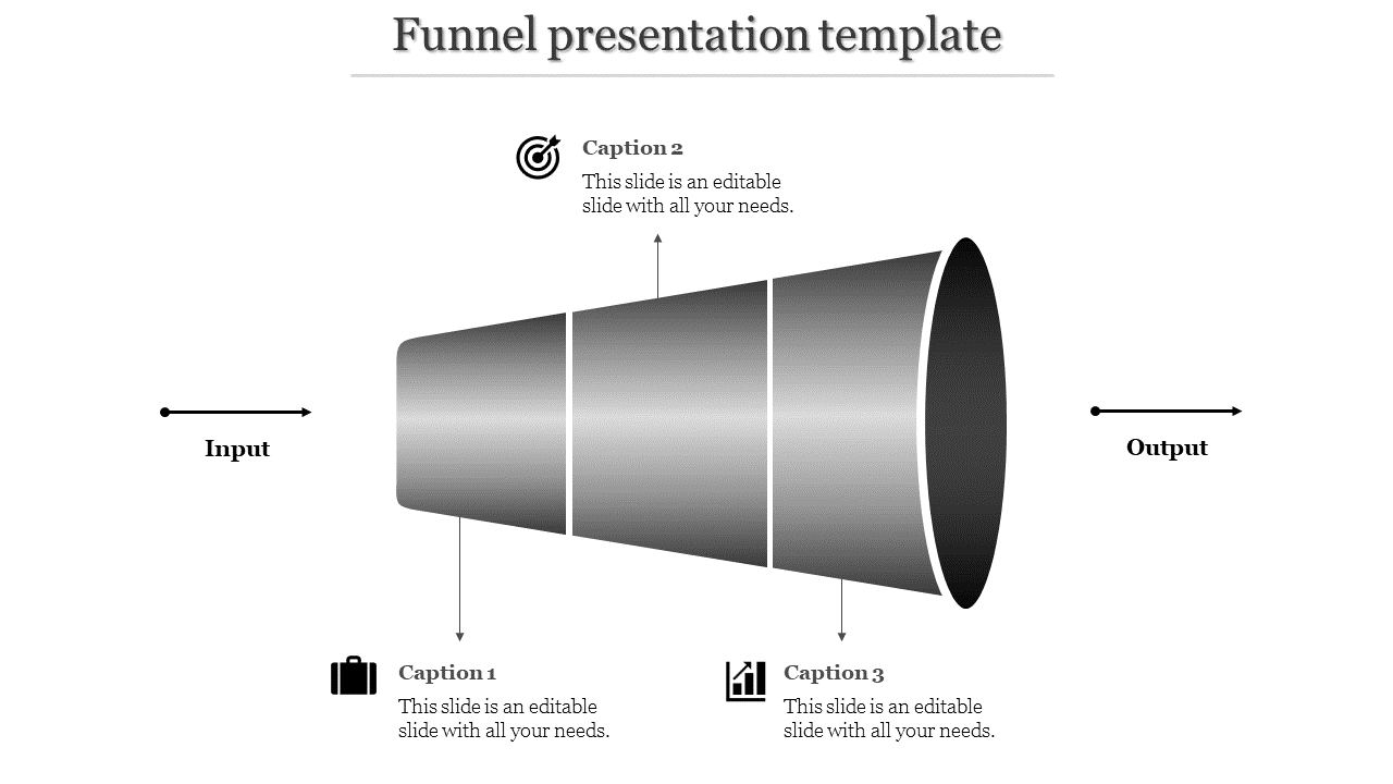 Monochrome funnel graphic divided into three sections with captions, arrows indicating input and output.