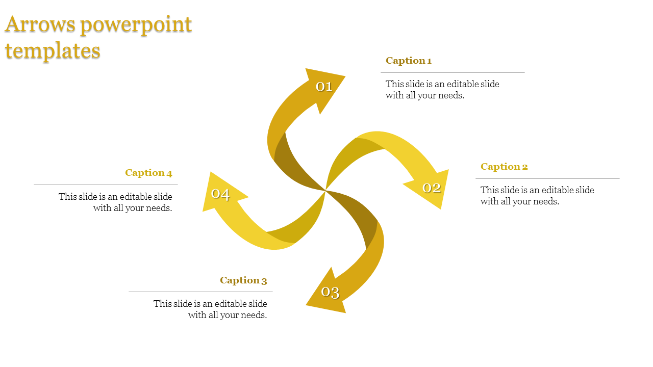 Swirling yellow arrows diagram with captions labeled 01 to 04 positioned symmetrically around the design.