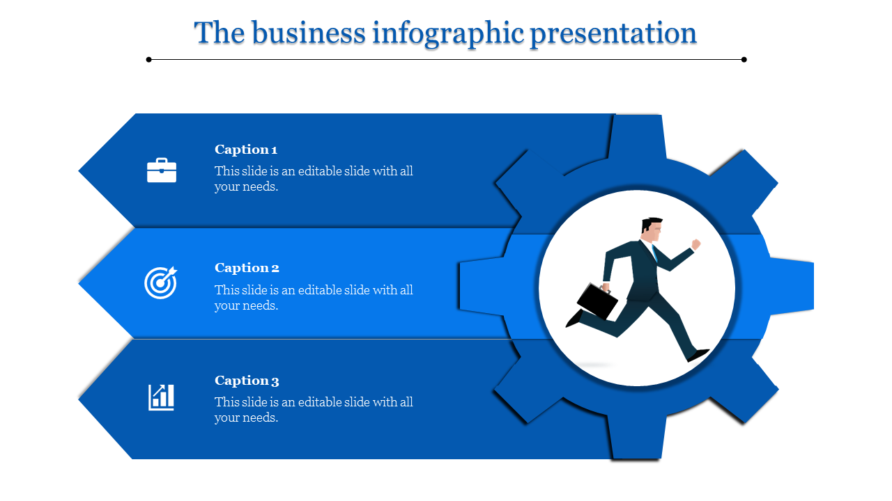 Infographic layout with three blue arrows, gear shape, and a running man in the center carrying a black briefcase.