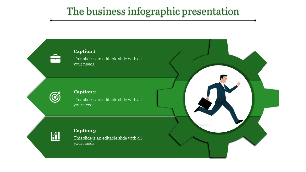Green themed business infographic featuring three steps, icons, and a gear design with a running businessman in the center.