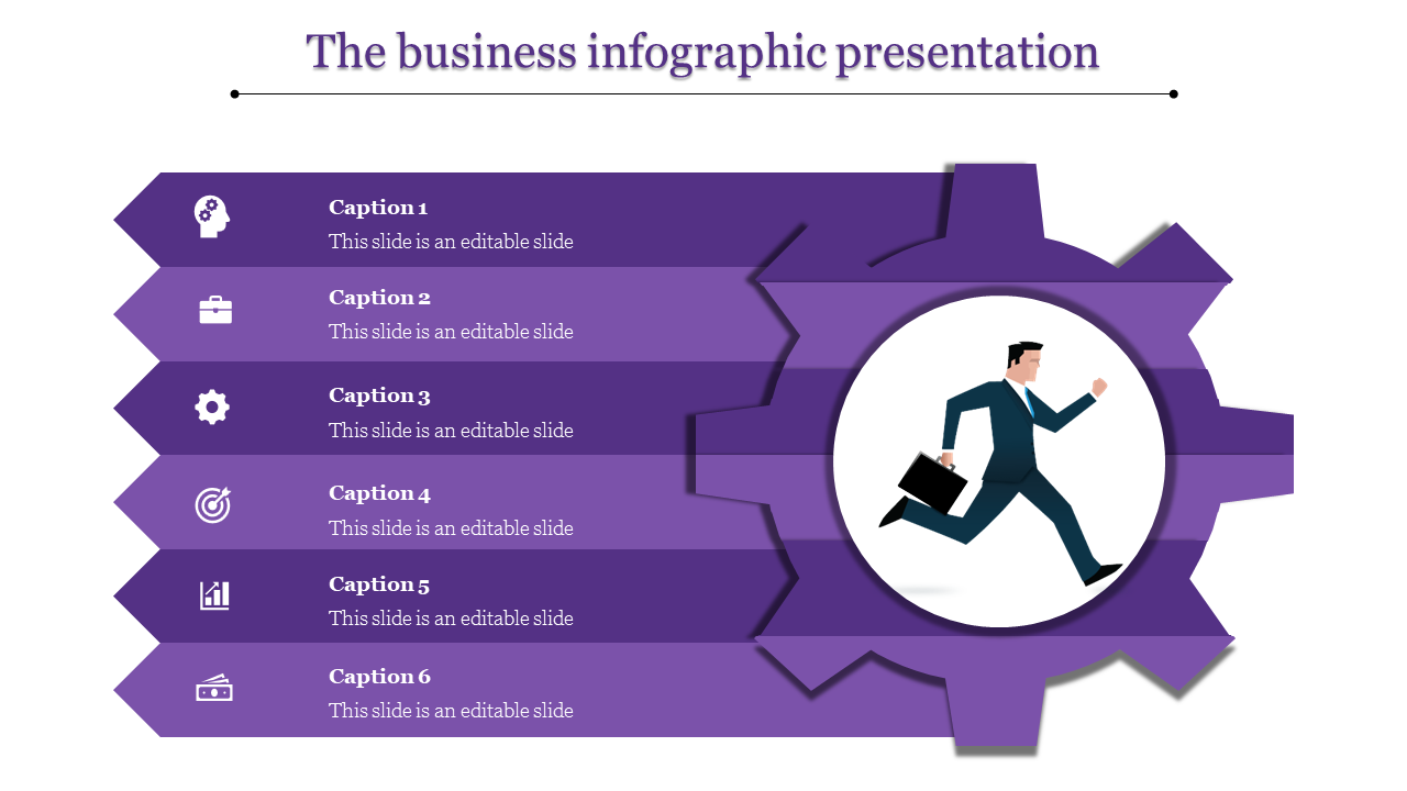 Purple infographic with six chevron arrows featuring icons and text, converging to a central gear with a running businessman.