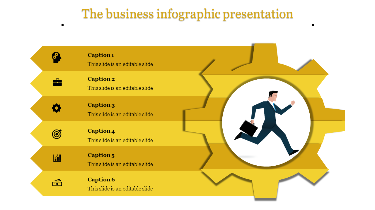 Yellow infographic with six arrow shapes, icons, and a central gear showing a running man in a suit carrying a briefcase.