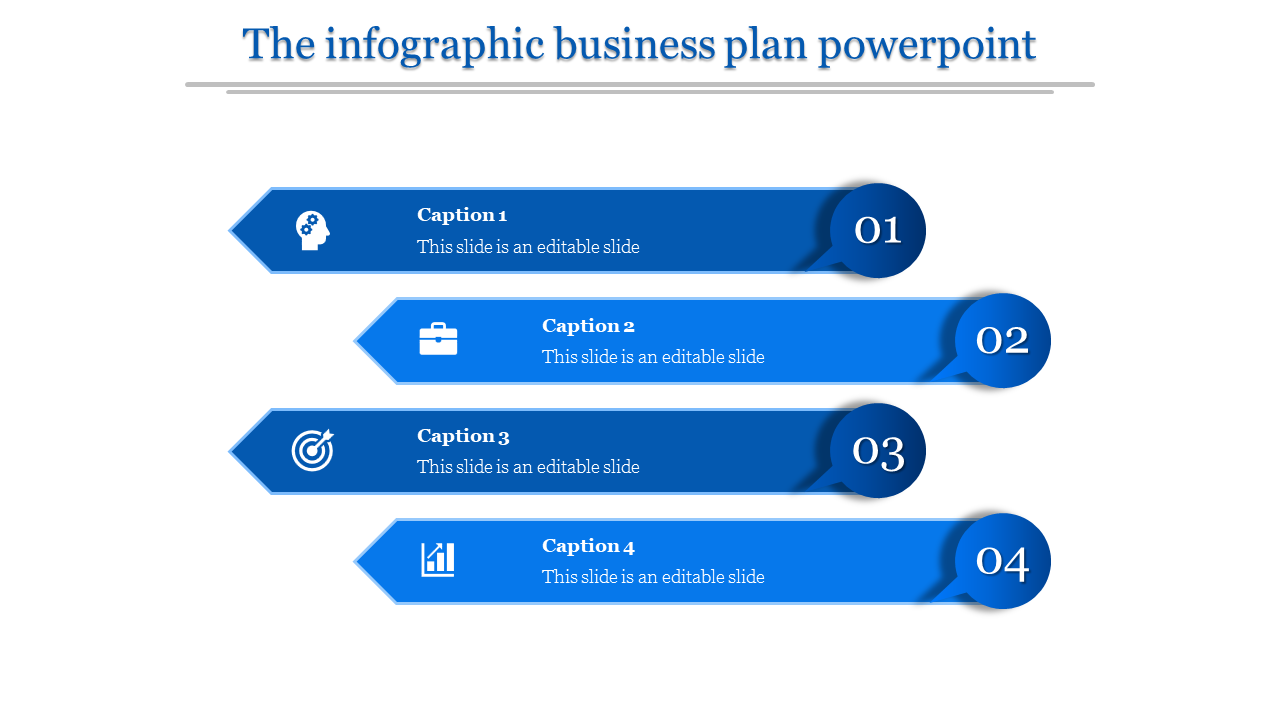 Horizontal infographic with four blue arrow shaped segments, each featuring an icon and numbered from 01 to 04.