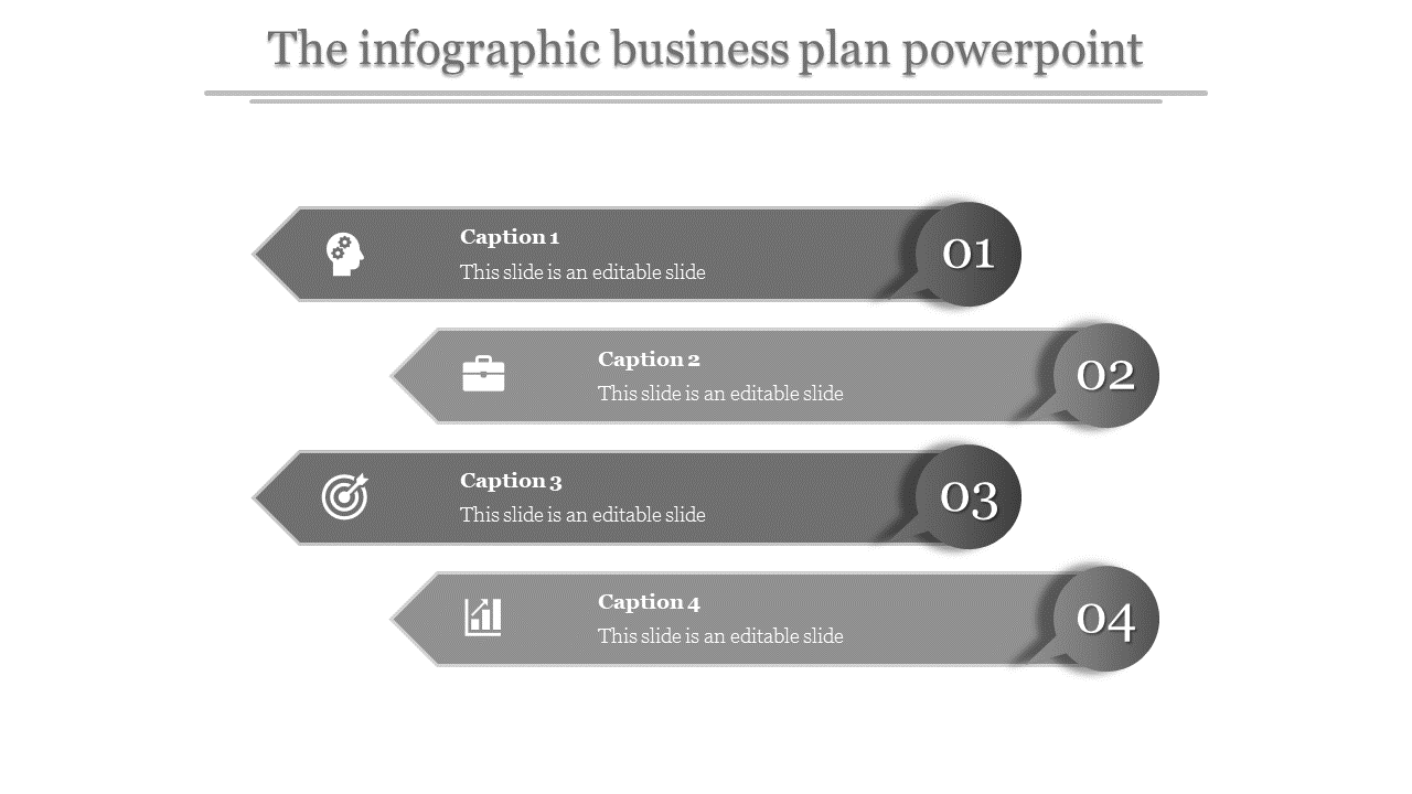 Minimalist gray-themed infographic with sequential arrows numbered 1 to 4, highlighting planning, work, goals, and analysis.