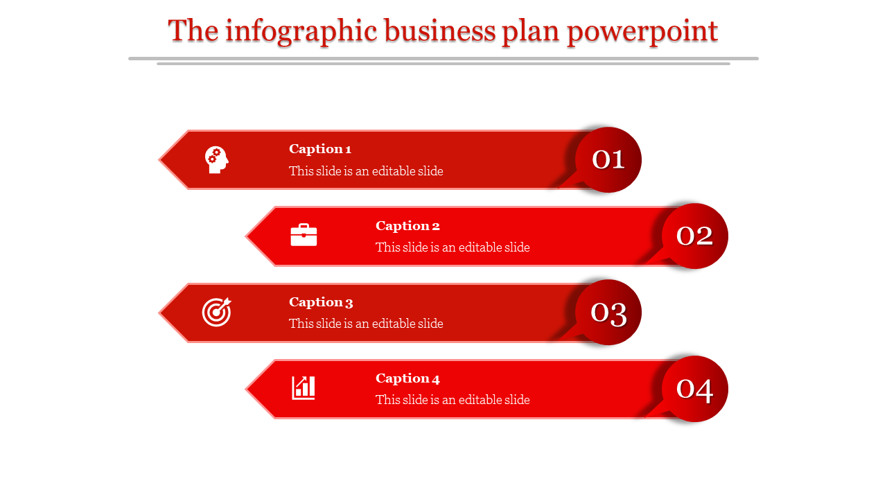 Infographic PowerPoint slide design with a red layout showcasing four business plan steps and related icons.