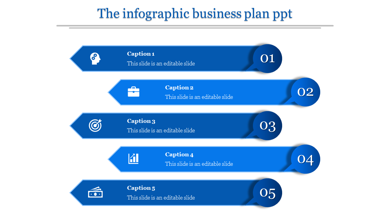 Blue themed infographic slide showcasing a five step business plan with captions and icons for clarity.