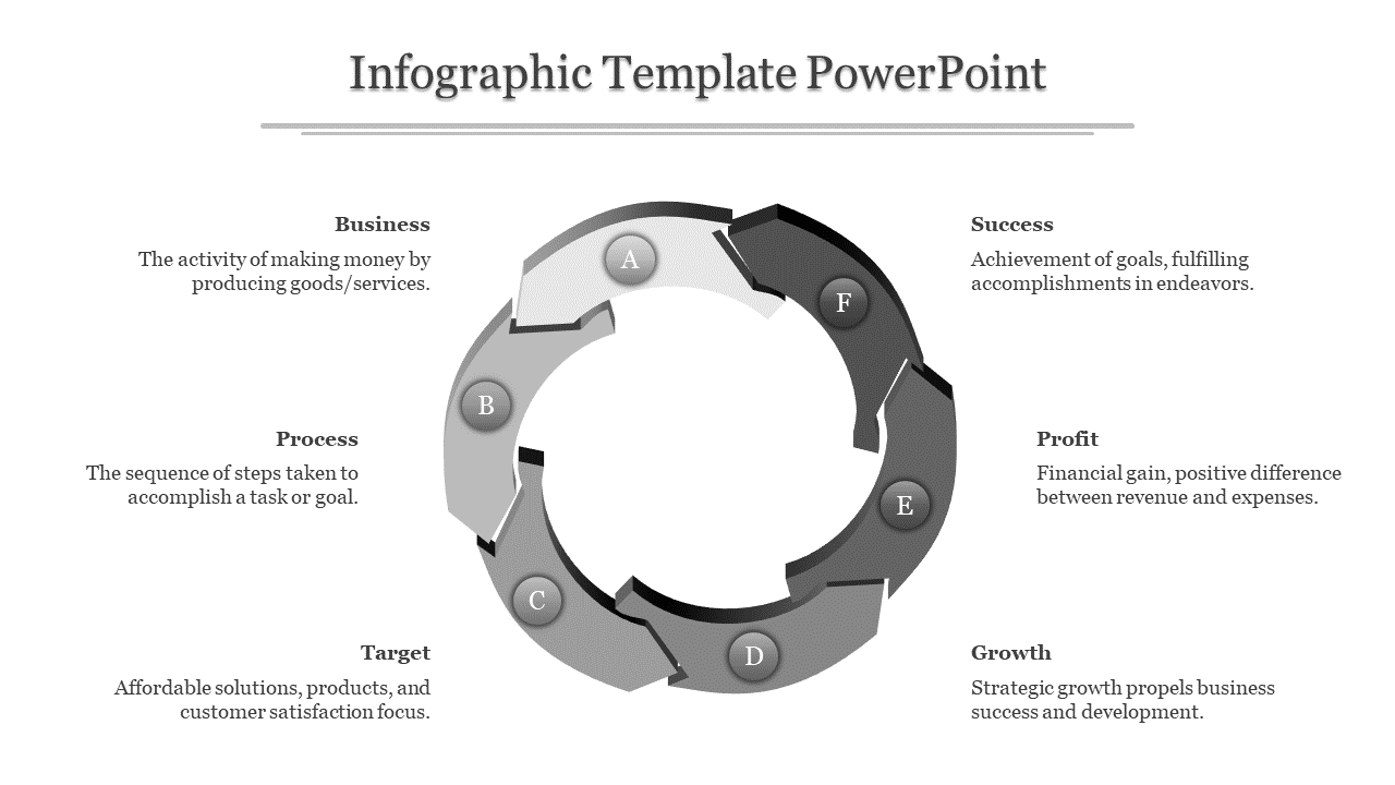 Infographic template in grayscale with a six-segment ring labeled A–F, ideal for business or process steps.