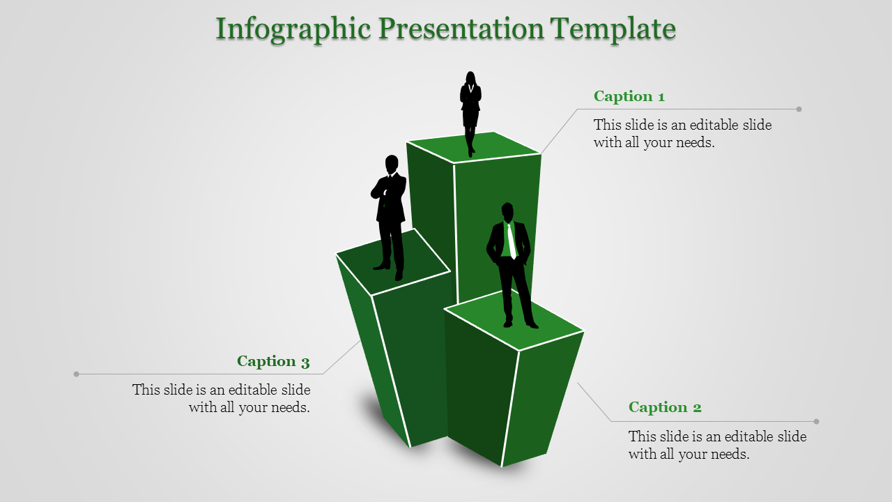 Green block infographic with business silhouettes standing on podiums and labeled captions for text.