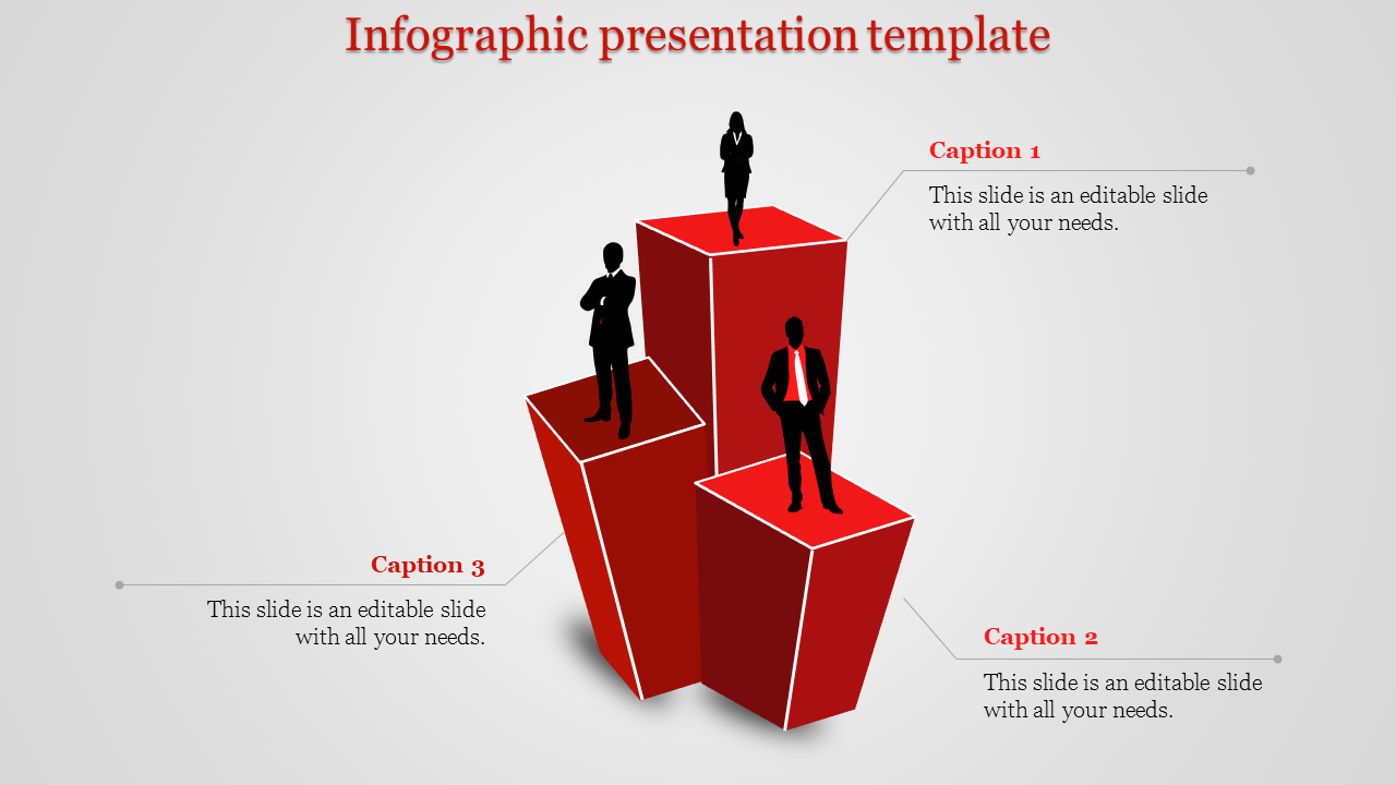 Three red 3D geometric blocks with business silhouettes, each linked to descriptive captions on a neutral background.