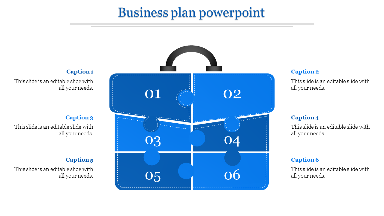 Blue suitcase shaped business plan PowerPoint slide with six numbered puzzle pieces and captions on the sides.