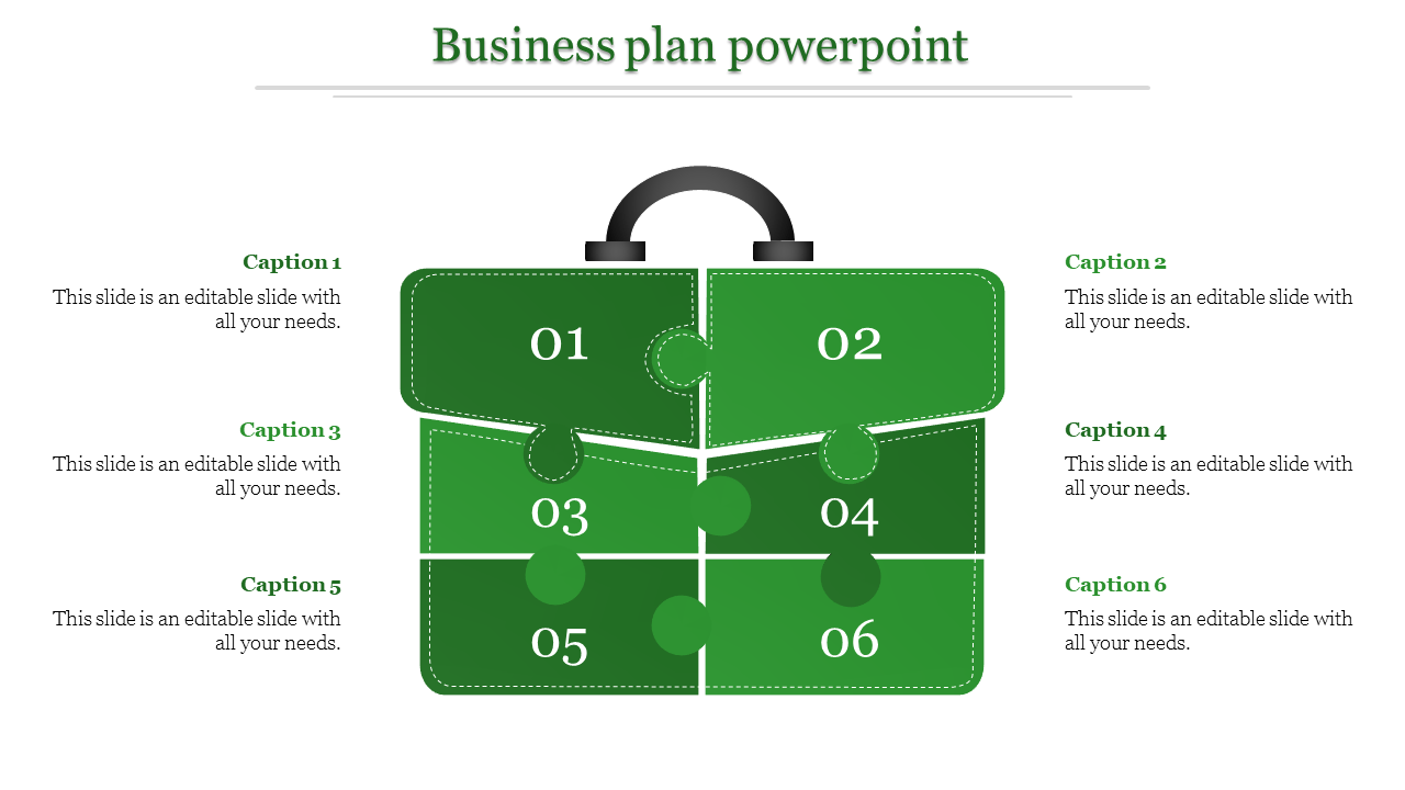 Green puzzle bag with a handle, divided into six labeled segments for showcasing a step-by-step business plan.