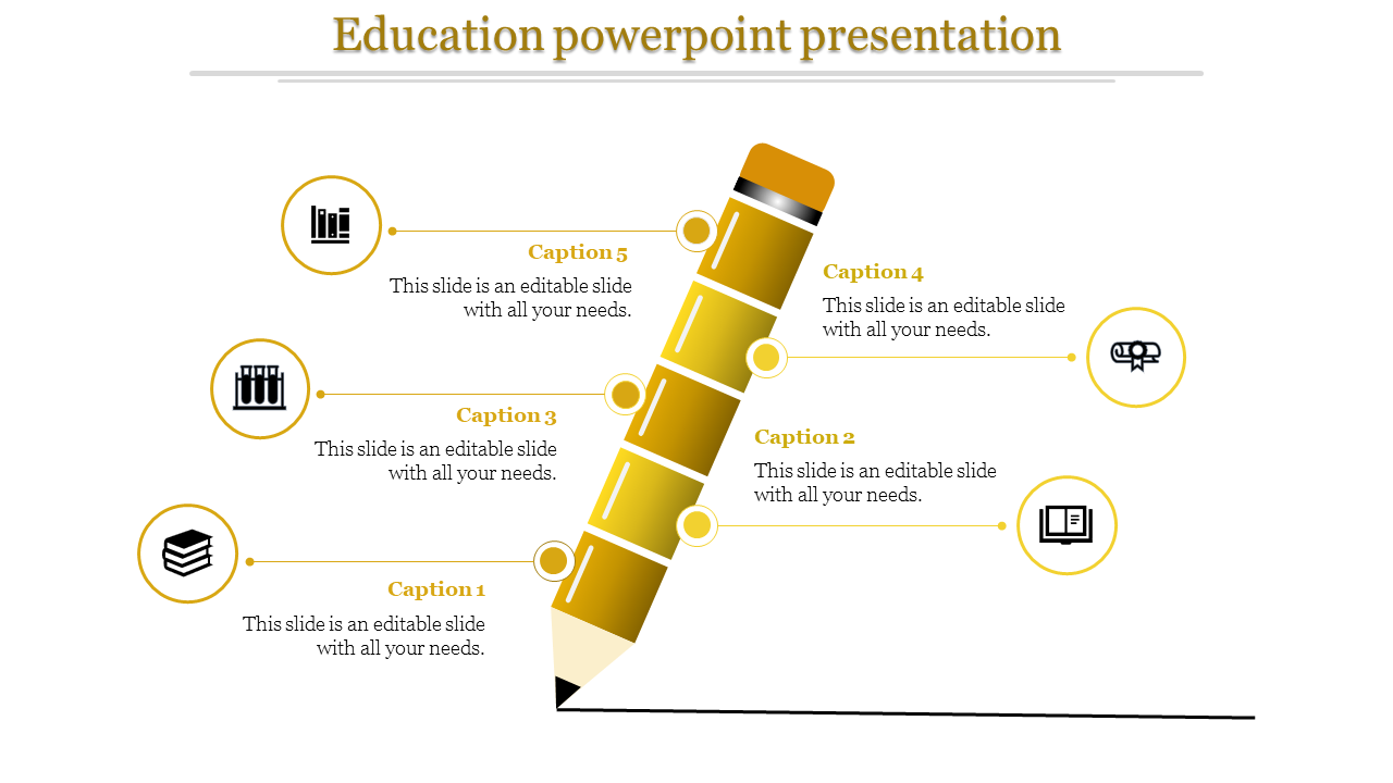 Yellow themed education slide showcasing a pencil and five learning related icons with captions.