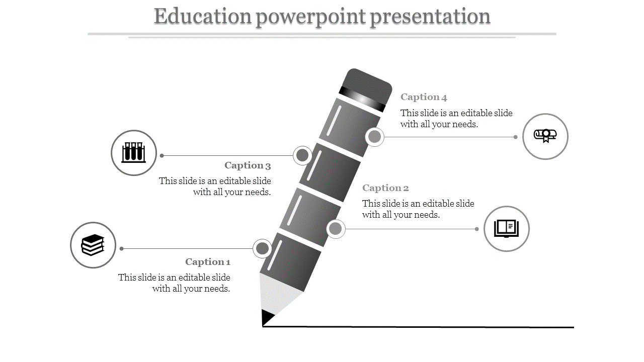 Illustration of a grayscale segmented pencil with four labeled sections, each pointing to an education-related icon