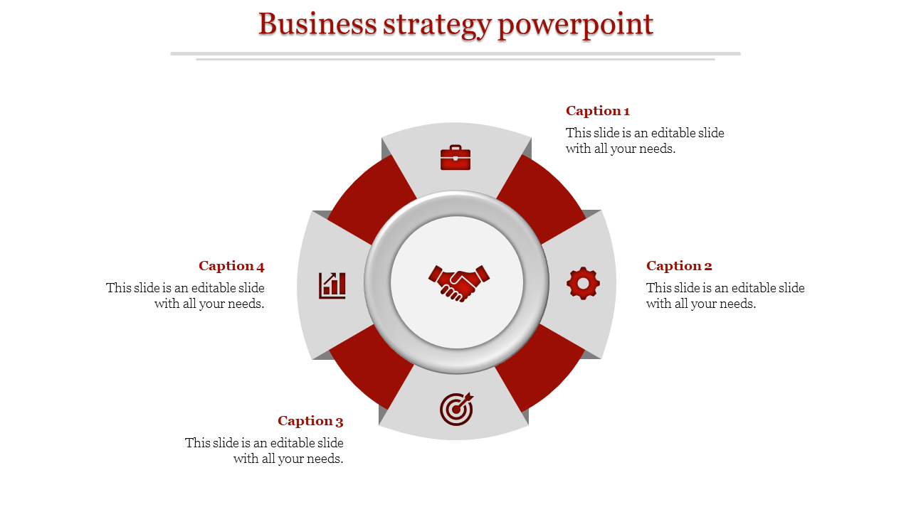 Business strategy template featuring a circular diagram with a handshake center, accompanied by icons and caption areas. 