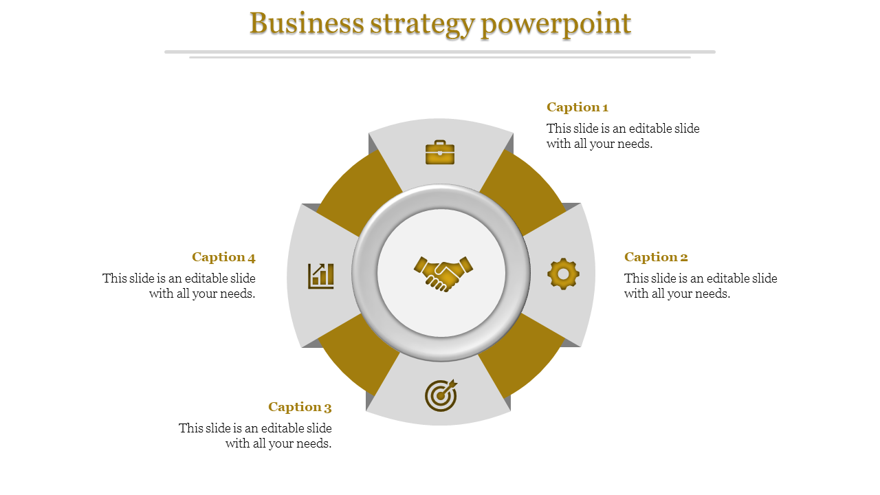 Business strategy slide with four sections, each showing an icon with captions.