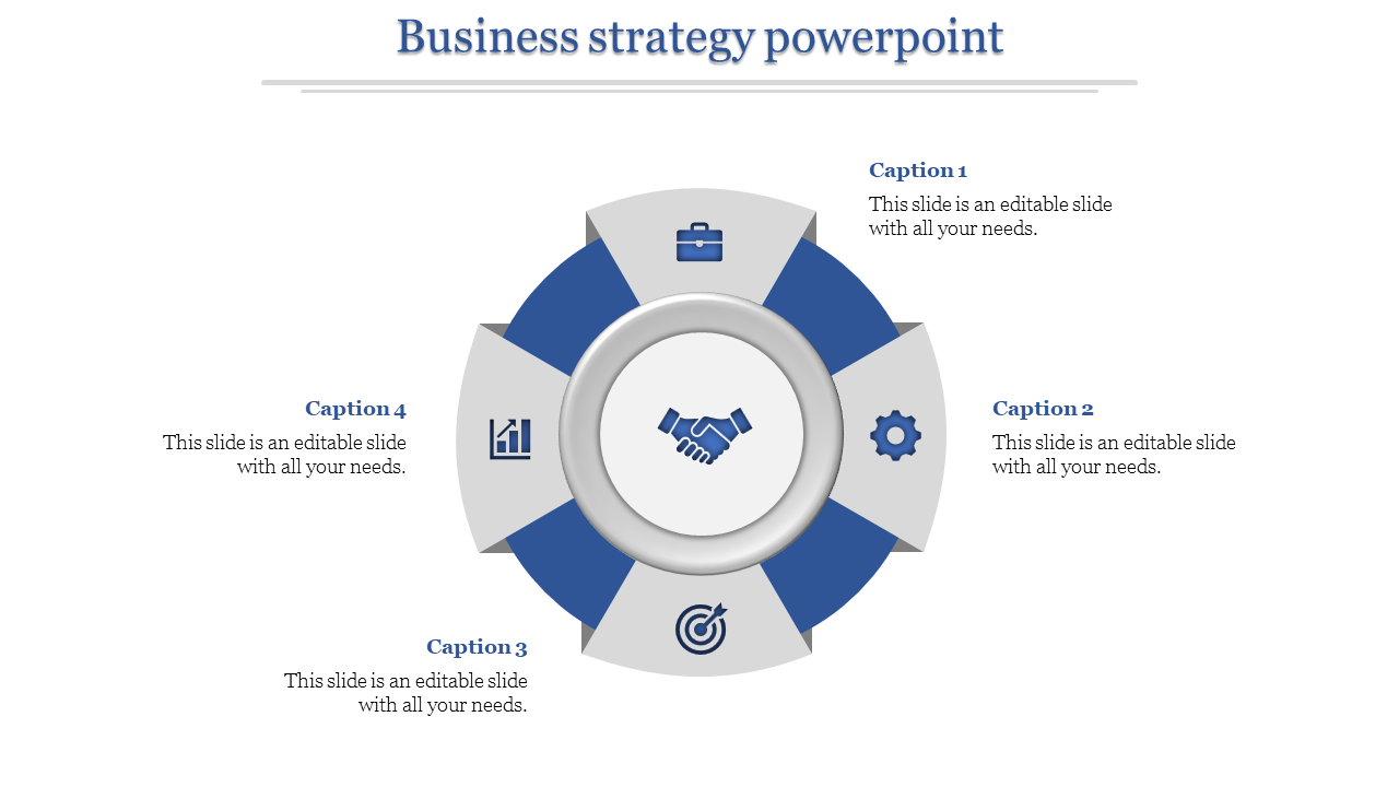 Gray and blue radial diagram with four business themed icons around a handshake symbol in the center.