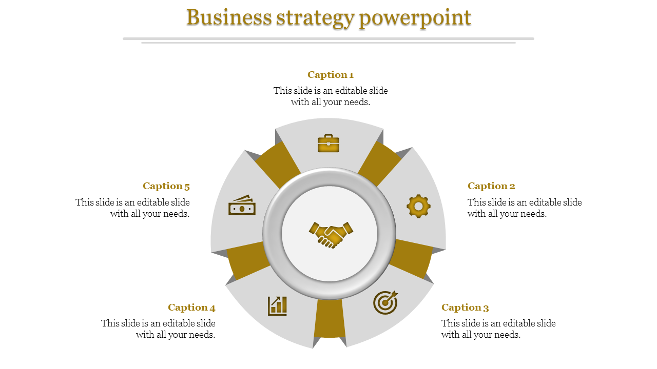 Business strategy PPT slide with five captions and icons representing business elements like money, goals, and teamwork.