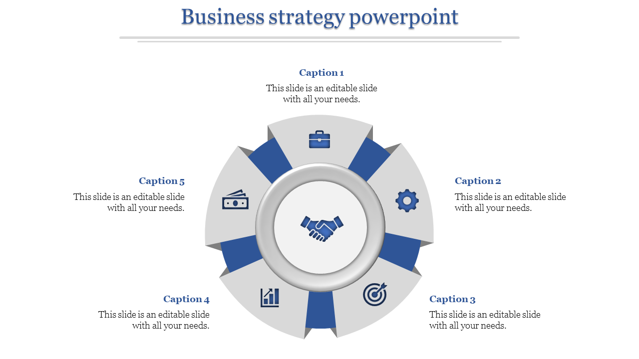 Circular diagram with blue and gray segments featuring icons and five captions arranged around it.