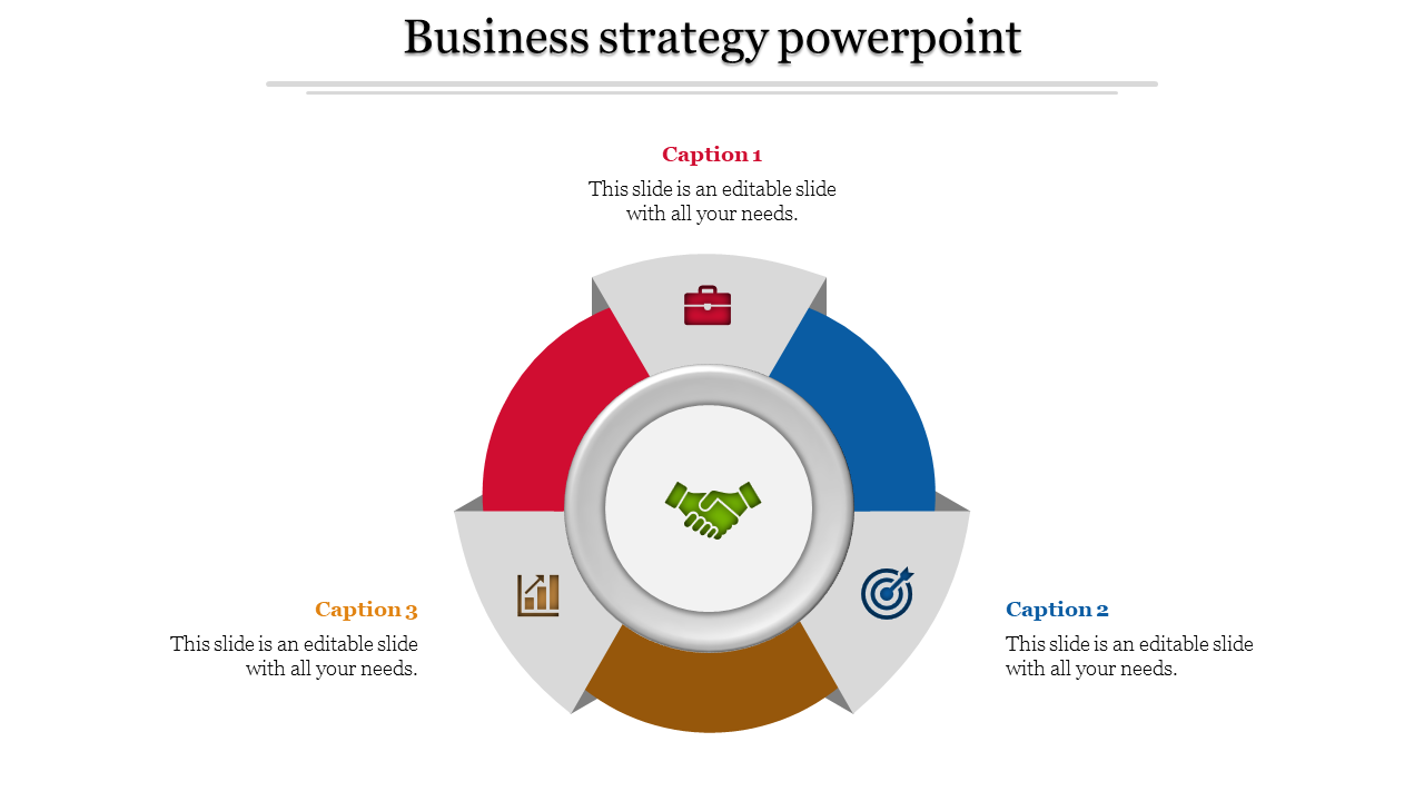 Circular business strategy diagram with a handshake icon in the center, surrounded by four colored segments 
