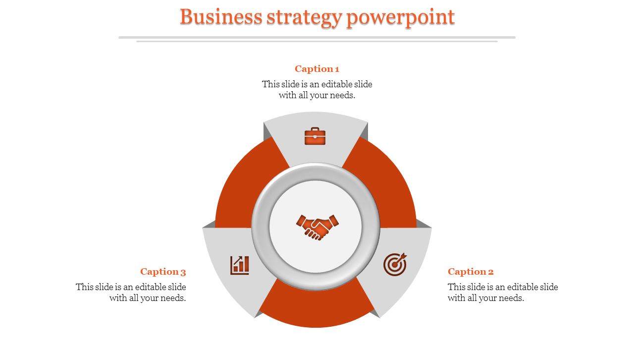 Business strategy PPT slide with orange icons for business, growth, and target strategy, and a handshake at the center.
