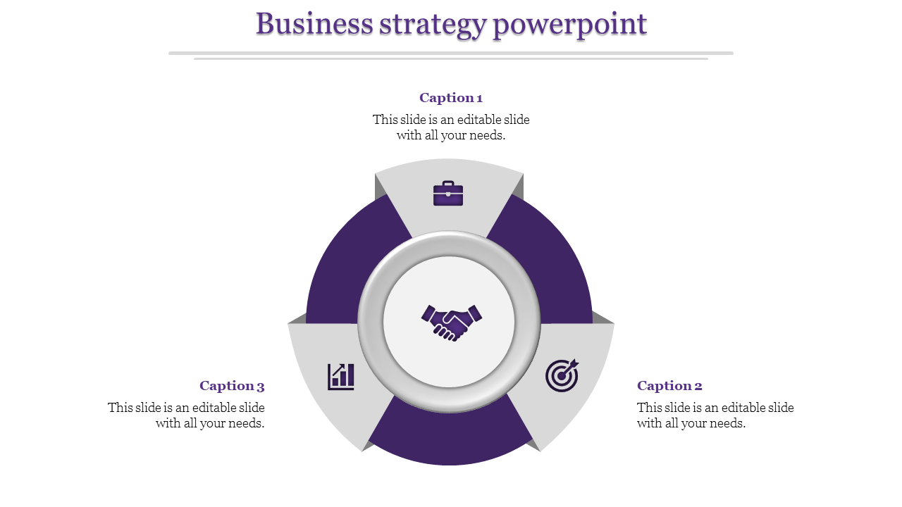 Circular purple design featuring business icons and a central handshake icon, with three captions around the edges.