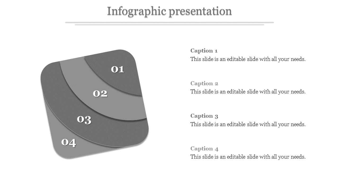 Minimalist infographic with a grayscale layered stack of four segments, numbered and placed next to caption areas.