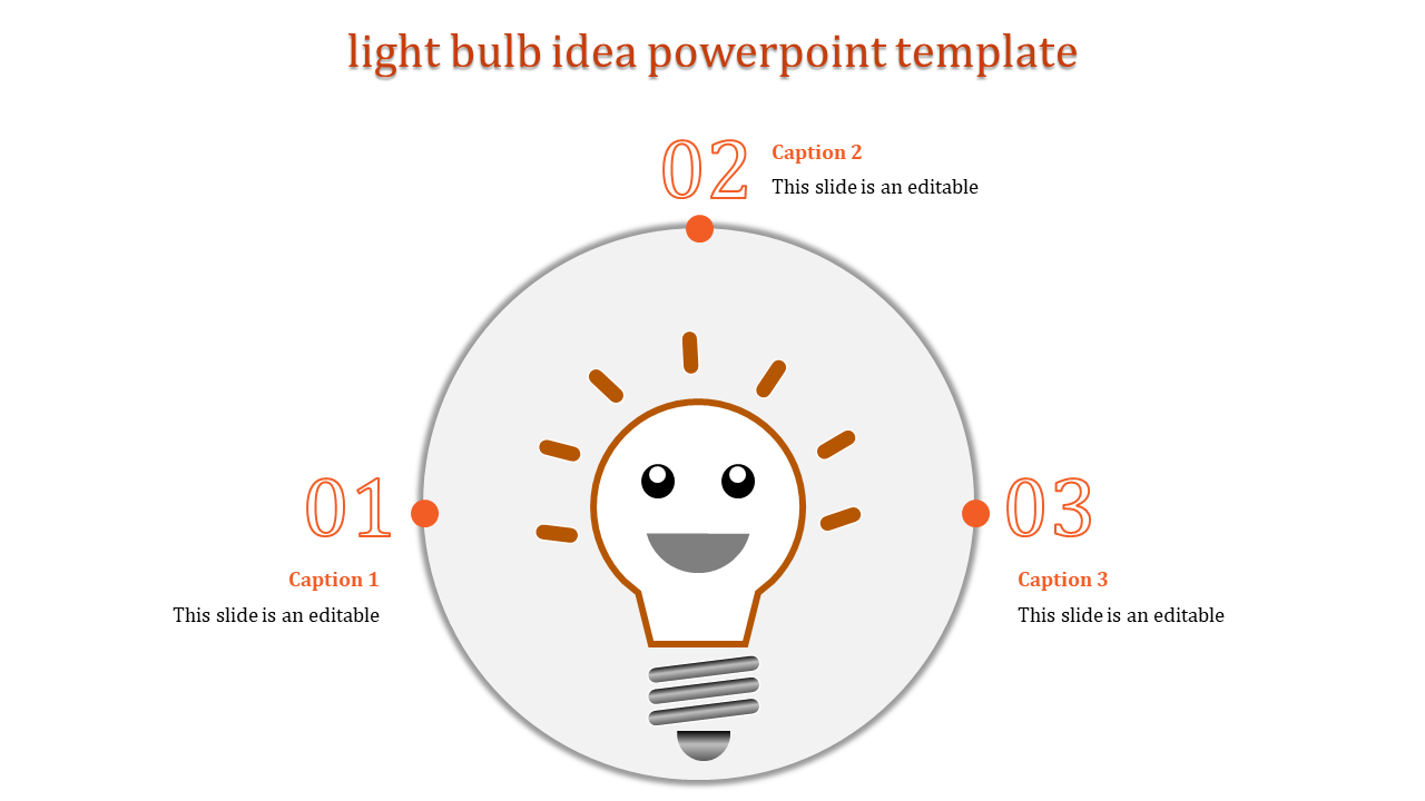 Creative light bulb concept infographic with a central smiling bulb and four surrounding captions in orange.