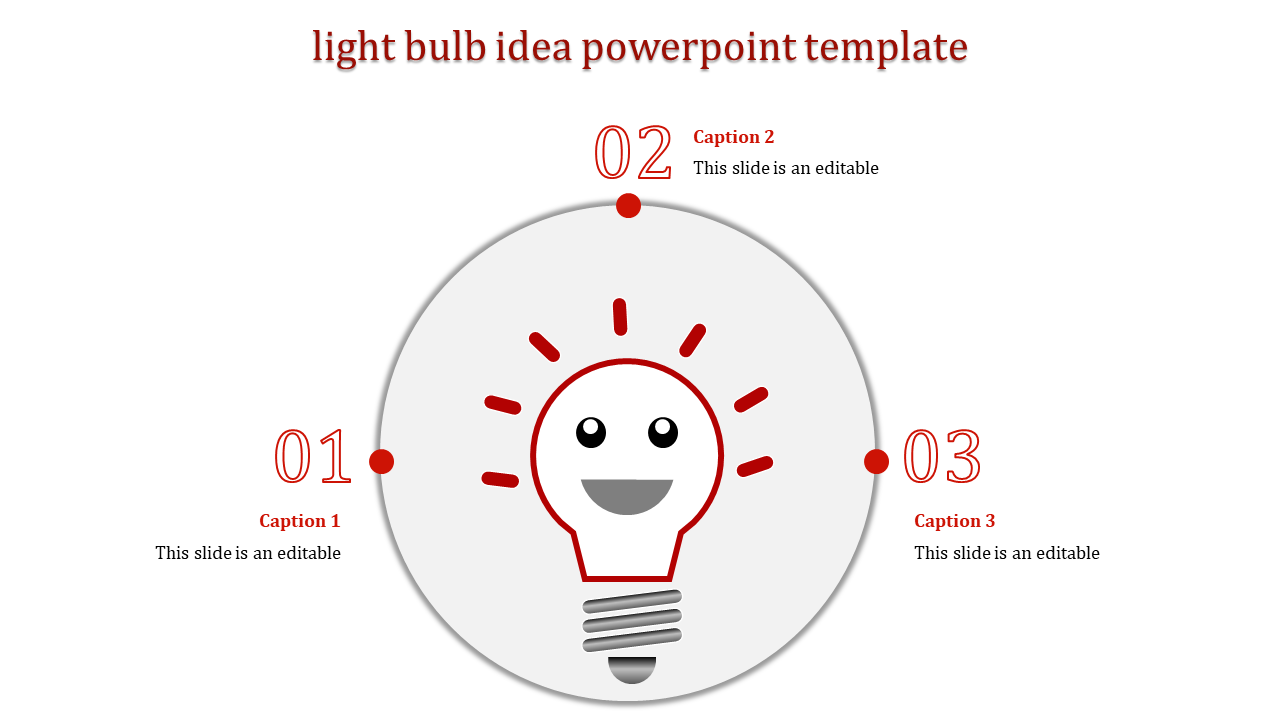 Creative light bulb concept infographic with a central smiling bulb and five surrounding captions in red.