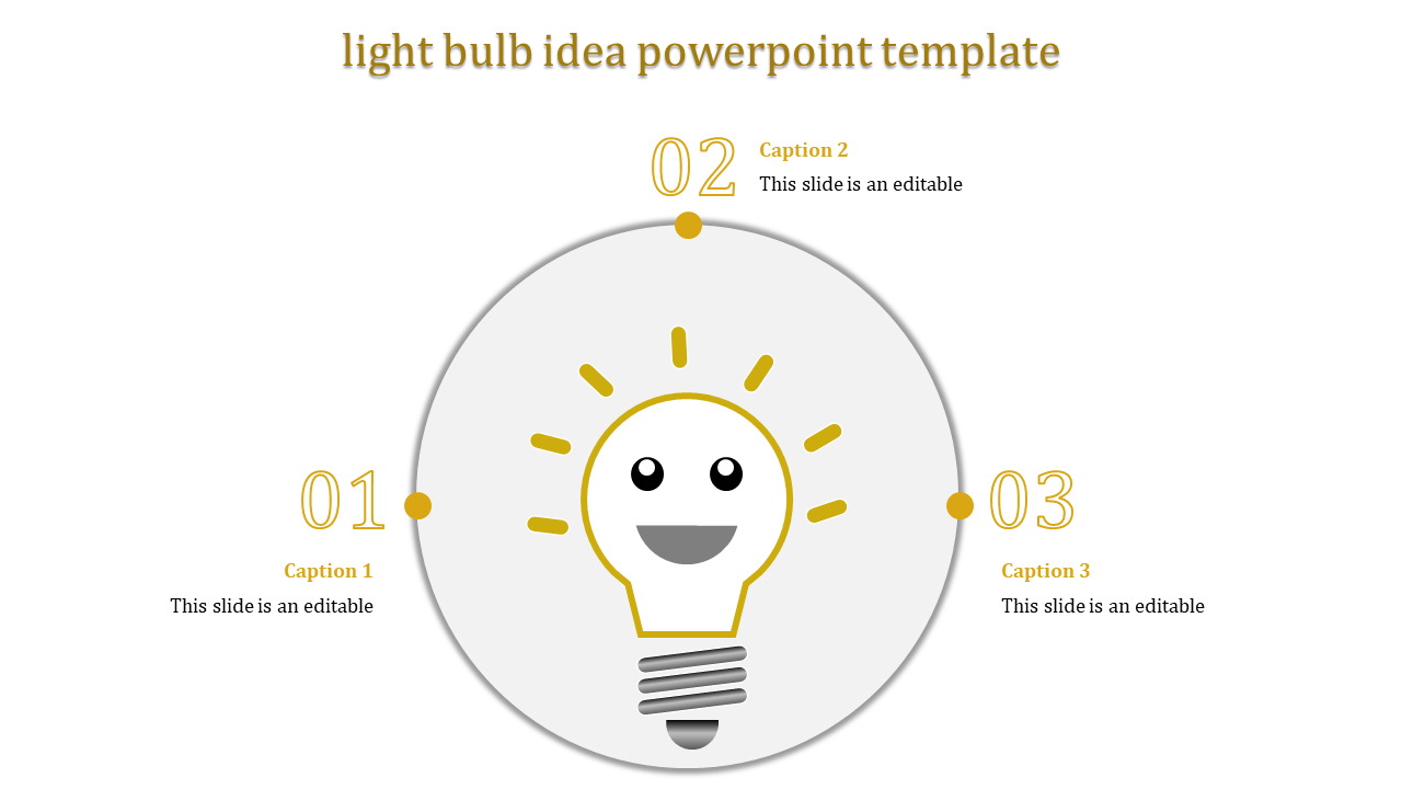 Creative light bulb idea PowerPoint template with numbered sections and captions.