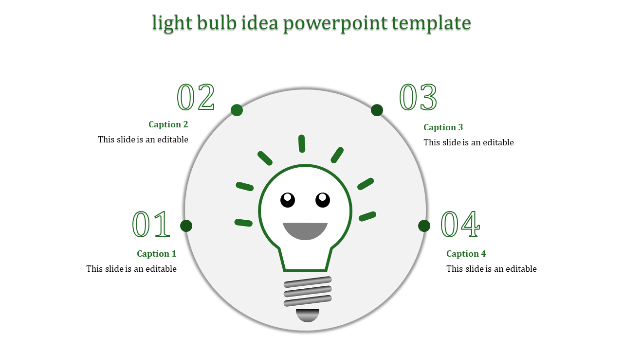 Creative green light bulb design in the middle of a circular diagram with four labeled points for captions.